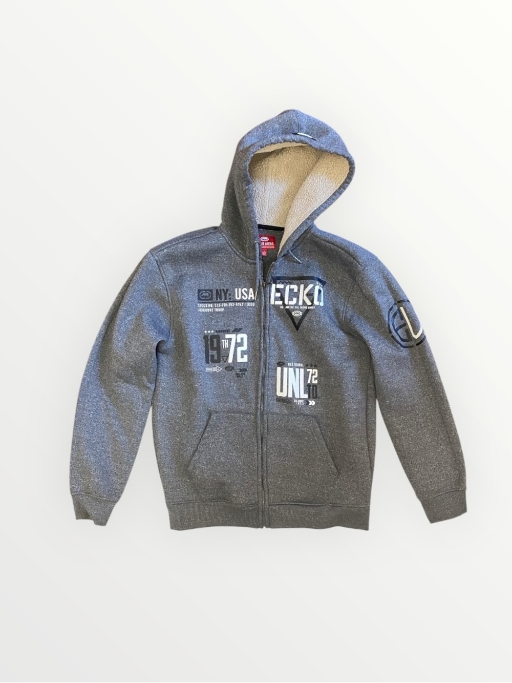Ecko Unlimited Men’s Grey Sherpa-Lined Zip Hoodie Jacket Size L